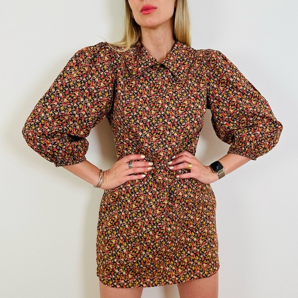 Free People Making Plans Floral Boho Point Colar Mini Dress - Picture 2 of 14